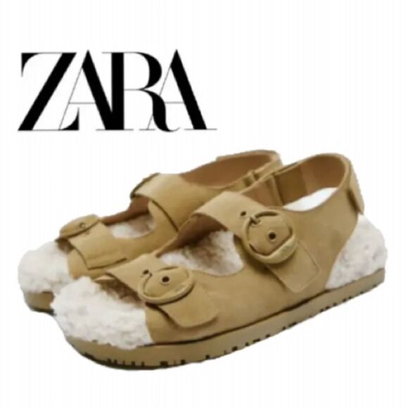 Zara Brown Leather Buckled Flat Sandals Shoes size 10 - Picture 1 of 12